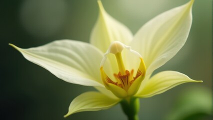 Naklejka premium Close-up image of a delicate, blooming white orchid with soft green background, highlighting its intricate petals and natural elegance
