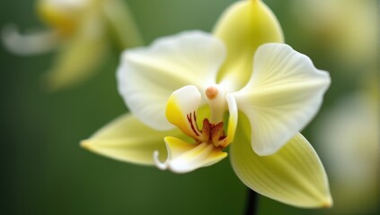 Close-up of a delicate yellow orchid blossom with soft green background, showcasing intricate petal details and vibrant colors