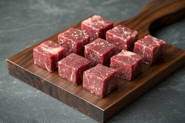 Fototapeta premium Cube Steak on Wooden Chopping Board. Raw Beef Meat for Cooking, High Protein Red Meat Food