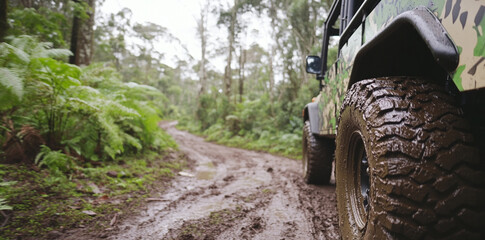 Close up of off road vehicle tire on muddy forest path, showcasing rugged terrain and lush greenery. image evokes sense of adventure and exploration in nature