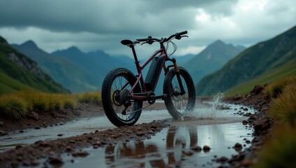 Fototapeta premium Electric mountain bike splashes through a muddy trail in a lush mountain landscape beneath dramatic cloudy skies