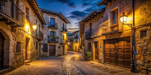 Fototapeta premium Atmospheric Low Light Photography of a Quiet Spanish Village During Lockdown, Capturing the Essence of Solitude and Resilience Amidst Empty Streets and Closed Shops