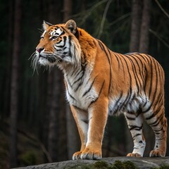 Obraz premium A majestic tiger stands on a rock, blending into the vibrant forest backdrop.