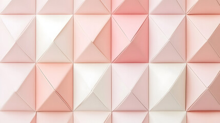 Abstract geometric background featuring a pattern of pastel pink and white triangular pyramids.  The texture is smooth and the colors are soft and calming.
