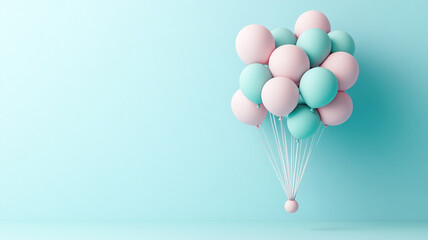 Colorful balloons floating in air against light blue background create cheerful and festive atmosphere. Perfect for celebrations and events, these pastel colored balloons add touch of whimsy and joy