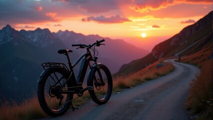 Obraz premium Electric mountain bike on a winding trail against a vibrant sunset over the mountains