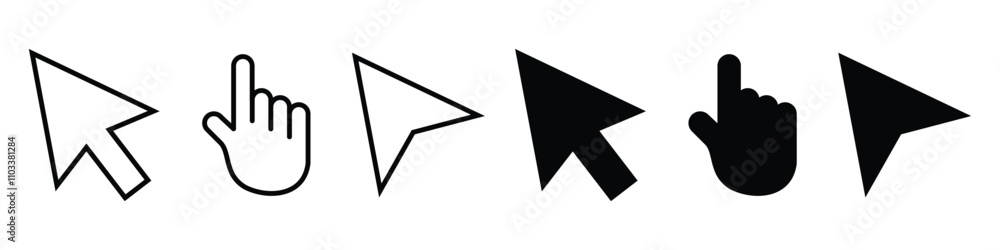 Poster computer mouse click cursor icon set. pointer cursor icons. arrow and hand pointer. cursor icon. com
