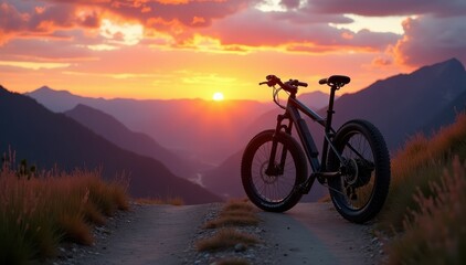 Fototapeta premium Mountain bike silhouetted against a stunning sunset view, overlooking rolling hills and a vibrant sky