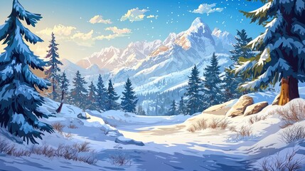 Obraz premium Snowy Mountain Landscape with Pine Trees and a Winding Path