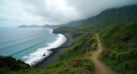 Jeju Island view captured with a Nikon D850 and Nikon AF-S NIKKOR 14-24mm f/2.8G ED lens, natural light, National Geographic style, from the south.