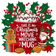 Festive Christmas Mug with Holiday Treats, Red mug with whipped cream, candy canes, and festive decorations surrounded by holly, gifts, cookies, and Santa Claus.
