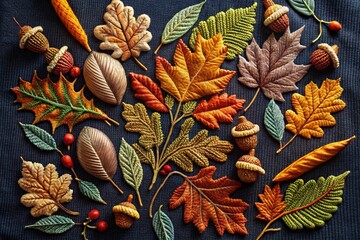 Fototapeta premium Autumn Embroidery Art Pattern Featuring Leaves, Acorns, and Wild Forest Elements for Fashion Design and T-Shirt Graphics in a Stylish and Artistic Composition