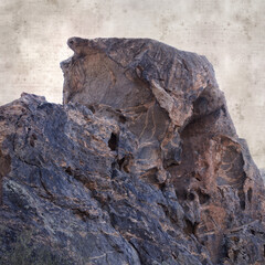 textured stylish old paper background, square, with landscape of Gran Canaria, around the Dog of Bentayga rock formation 