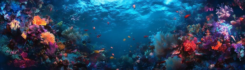 Fototapeta premium Worms-eye view, vibrant underwater utopia, bioluminescent flora, surreal marine life, serene and colorful dreams