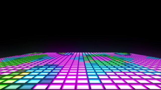 Colorful nightclub LED dance floor with a mosaic pattern of flashing multicolored LED disco lights. This fun dynamic party or event motion background animation is 4k and looping.