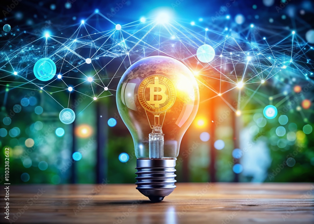 Poster a vibrant bulb of wealth illuminating the intersection of cryptocurrency and wellbeing in a digital 
