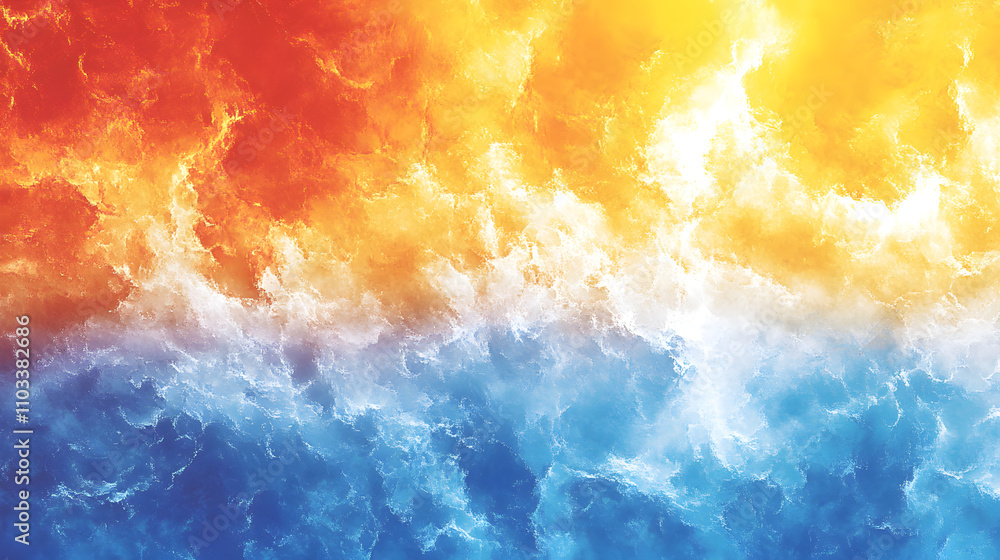Poster abstract fiery orange and cool blue cloudscape. dramatic color gradient blends seamlessly, creating 