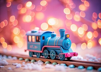 A Vibrant Blue Toy Train on a Soft Pink Background, Perfect for Children's Playtime and Colorful Decor, Capturing the Joy of Childhood Imagination and Creativity