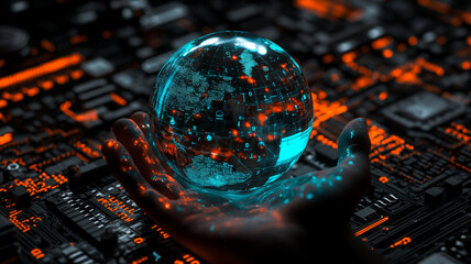 Fototapeta premium hand holding glowing holographic globe symbolizes digital technology and global connectivity. vibrant colors and intricate circuit patterns evoke sense of innovation and future