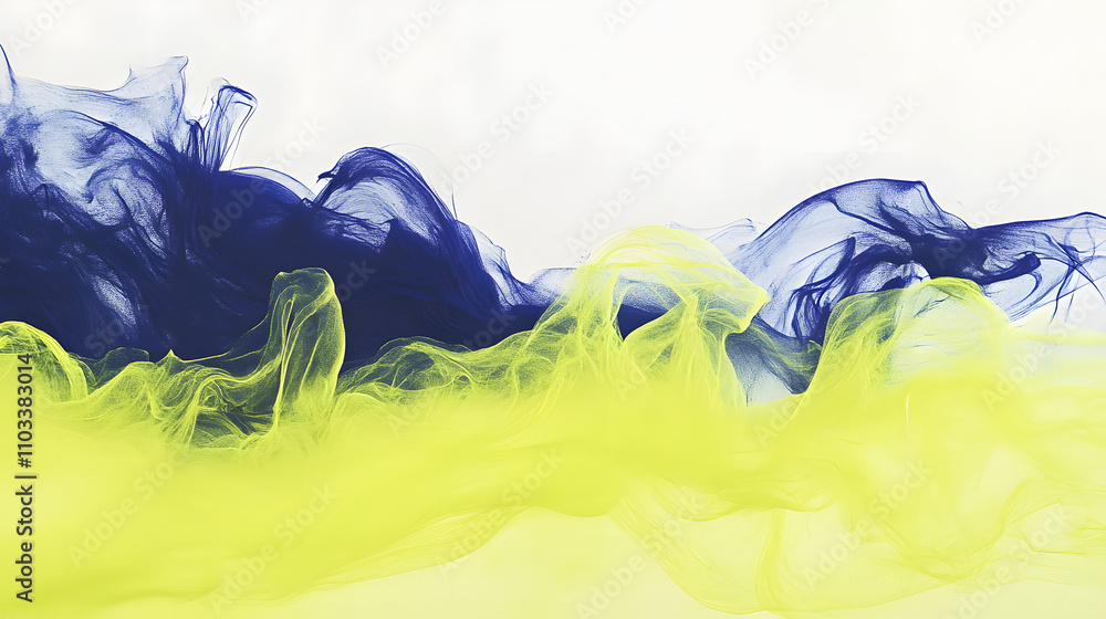 Poster abstract art featuring flowing yellow and blue fabrics. the colors blend and swirl creating a dynami