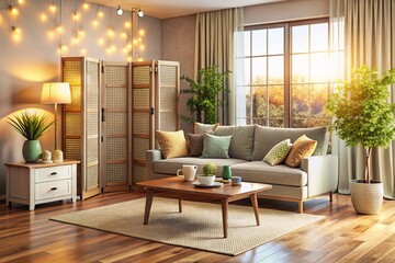 Bright and Airy Living Room Featuring a Comfortable Sofa, Elegant Folding Screen, Stylish Coffee Table, and Chest of Drawers with Bokeh Effect for a Cozy Atmosphere