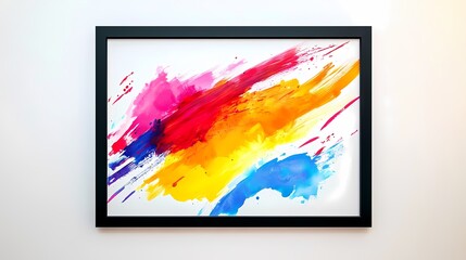 Naklejka premium Vibrant Abstract Artwork with Dynamic Brush Strokes in a Framed Design Showcasing Bold Colors of Red, Yellow, Orange, Pink, and Blue on a Bright White Background