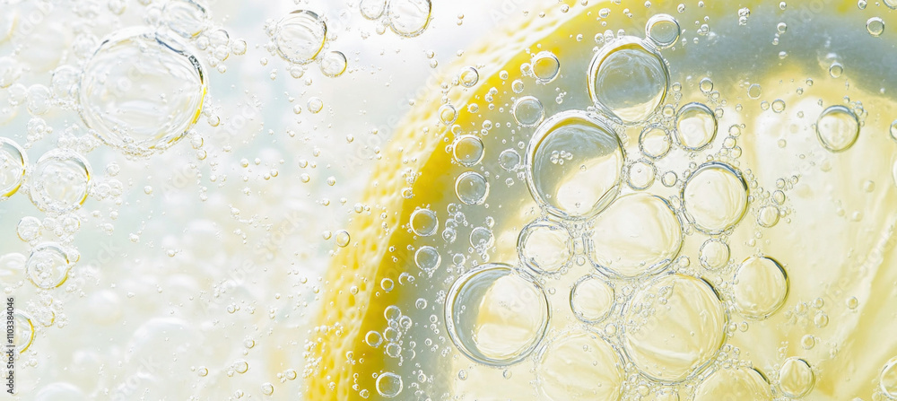 Poster lemon slice submerged in sparkling water with bubbles