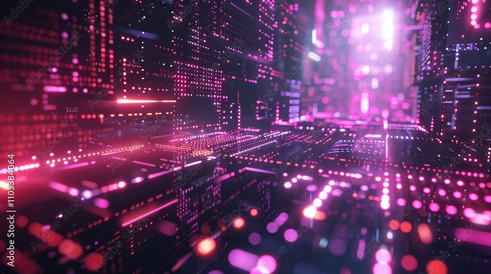 Poster abstract digital landscape with vibrant lights and grid patterns.