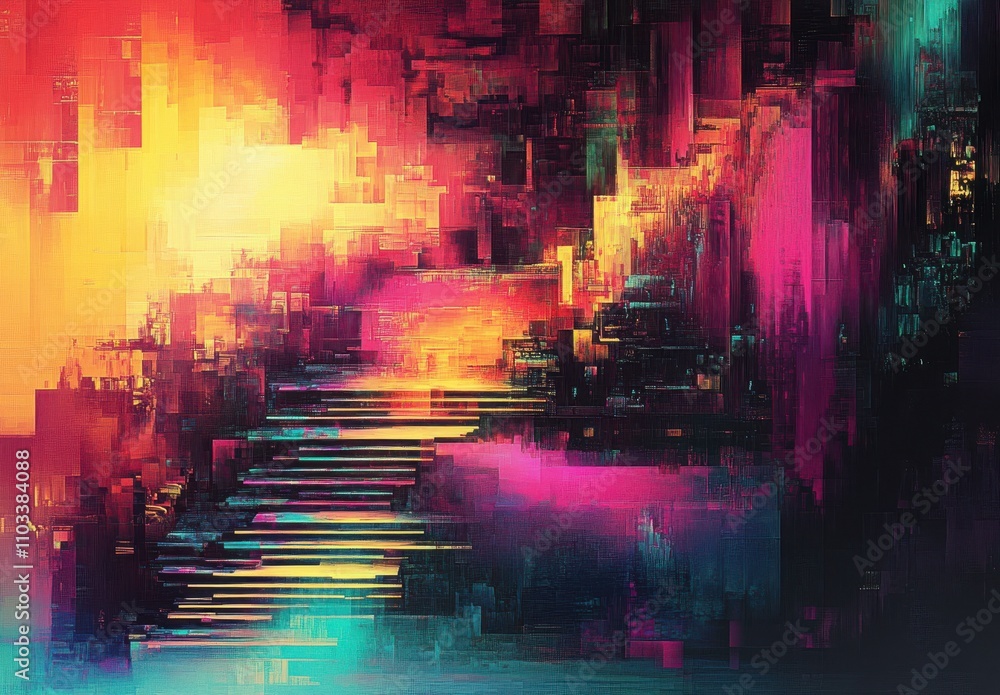Poster Abstract Digital Art with Vibrant Colors and Textured Layers Creating a Futuristic Staircase Illusion in a Blazing Gradient Background