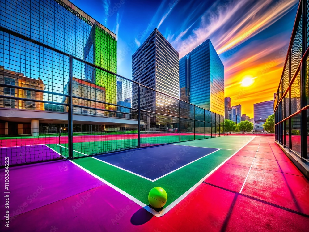 Poster a vibrant pickleball scene on an urban field with a net, capturing the essence of the new sport in a