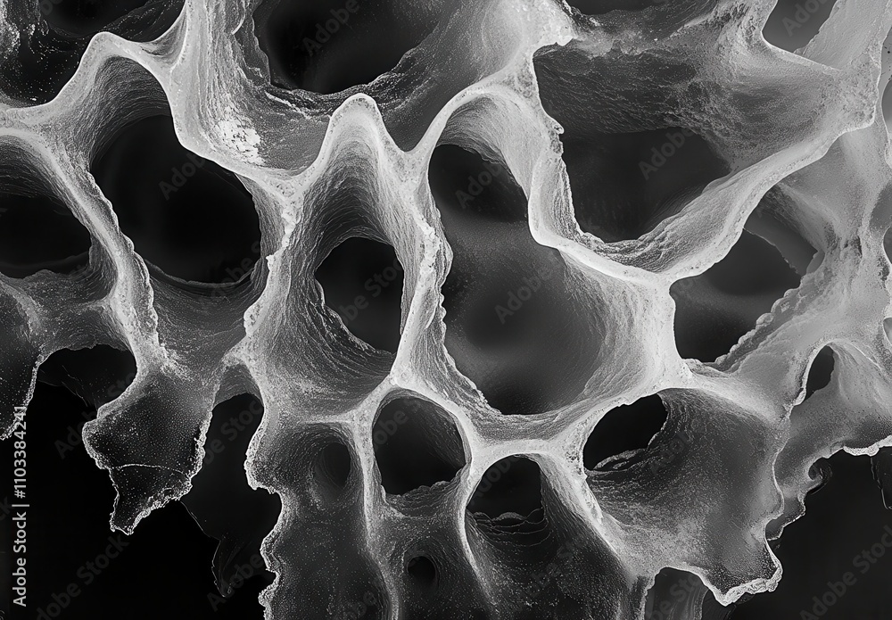 Poster abstract representation of a microstructured surface with organic forms and intricate cavities in mo
