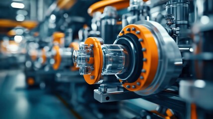 Fototapeta premium Close-up of industrial machinery with metal components and orange accents in a factory setting, showcasing engineering and manufacturing technology