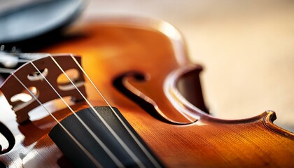 Close up detail of a violin strings and sound board, musical instrument. 