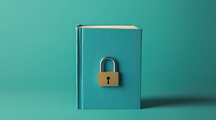 A teal book with a padlock on the cover, symbolizing privacy, security, and the protection of personal information.