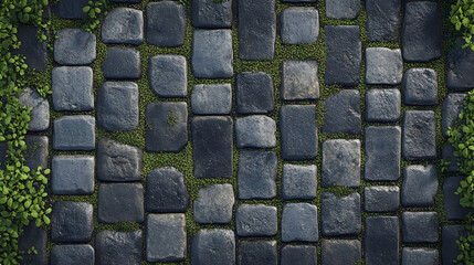 Overhead view of a cobblestone pathway with lush green plants growing between the stones. The dark grey stones create a rustic texture, enhanced by the vibrant greenery.