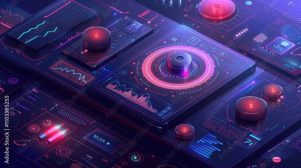 Poster futuristic control panel with graphs, knobs, and digital displays for data analysis.