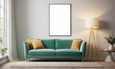 Mockup room for poster or painting in simple modern interior, Photo Frame Mockup, Gold and mint colors