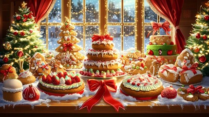 Fototapeta premium Festive Holiday Dessert Table with Gingerbread Houses, Cookie Platters, and Cakes Surrounded by Christmas Decorations and Snowy Window View