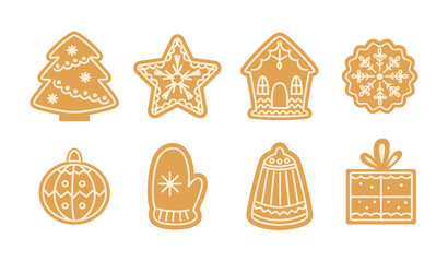 Christmas gingerbread cookies. Traditional xmas biscuits. Gingerbread house, Christmas tree. Homemade sweets for winter festive holidays. Children's treat. Vector illustrations isolated on white.
