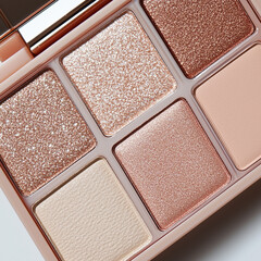 Fototapeta premium makeup palette displayed under soft lighting, featuring an array of shimmer and matte shades. Perfect for showcasing beauty products, advertising cosmetics, or editorial beauty photography.