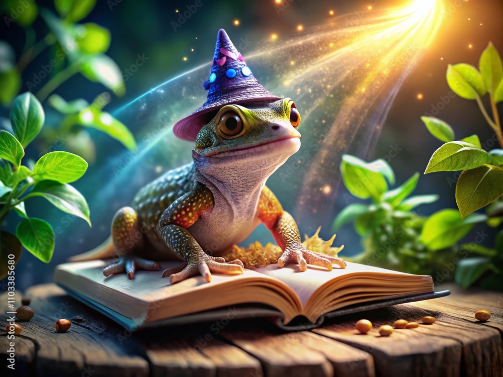 Aufkleber a whimsical scene featuring a gecko dressed as a wizard with a tiny pointy hat, confidently standing