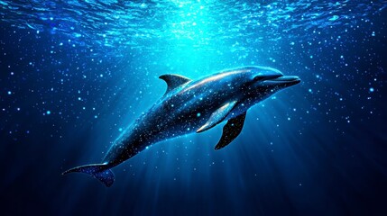 Fototapeta premium A serene underwater scene featuring a dolphin swimming gracefully through sparkling blue waters.