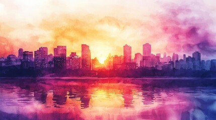 Obraz premium Watercolor City Skyline at Sunset with Reflections in Water