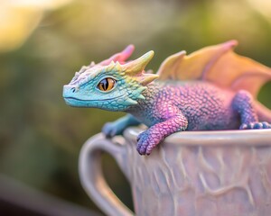 Adorable pastel rainbow dragon figurine perched on a teacup. Whimsical fantasy creature, perfect for fairytale or magical themes.  Hand-painted detail.