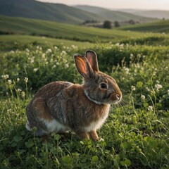 Fototapeta premium A rabbit nibbling clover in a backyard field with rolling hills.
