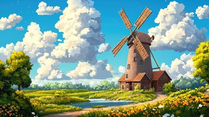 A Quaint Windmill in a Picturesque Rural Landscape