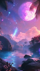Fototapeta premium Enchanting landscape merging alien flora with futuristic technology, vibrant colors, ethereal lighting, magical realism