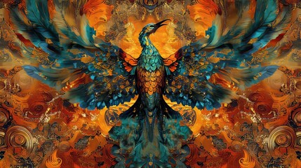 Phoenix Rising From Flames, Chinese Inspired Design, Fantasy Illustration for Wallpaper, Book Cover.