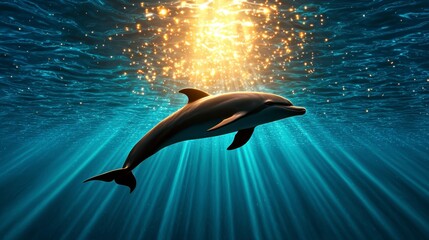 A dolphin swims gracefully underwater, illuminated by shimmering rays of light filtering through the surface.