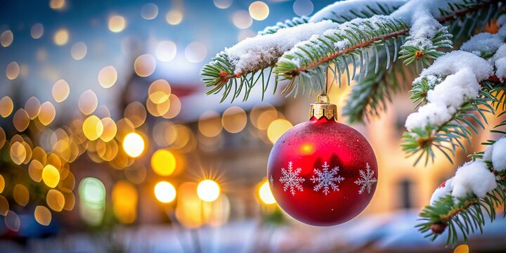 Beautiful Christmas Decoration with Blurred Tree Branch, Snow, and Red Bauble Capturing the Essence of a Merry Christmas in Denmark - Perfect for Holiday Greeting Postcards